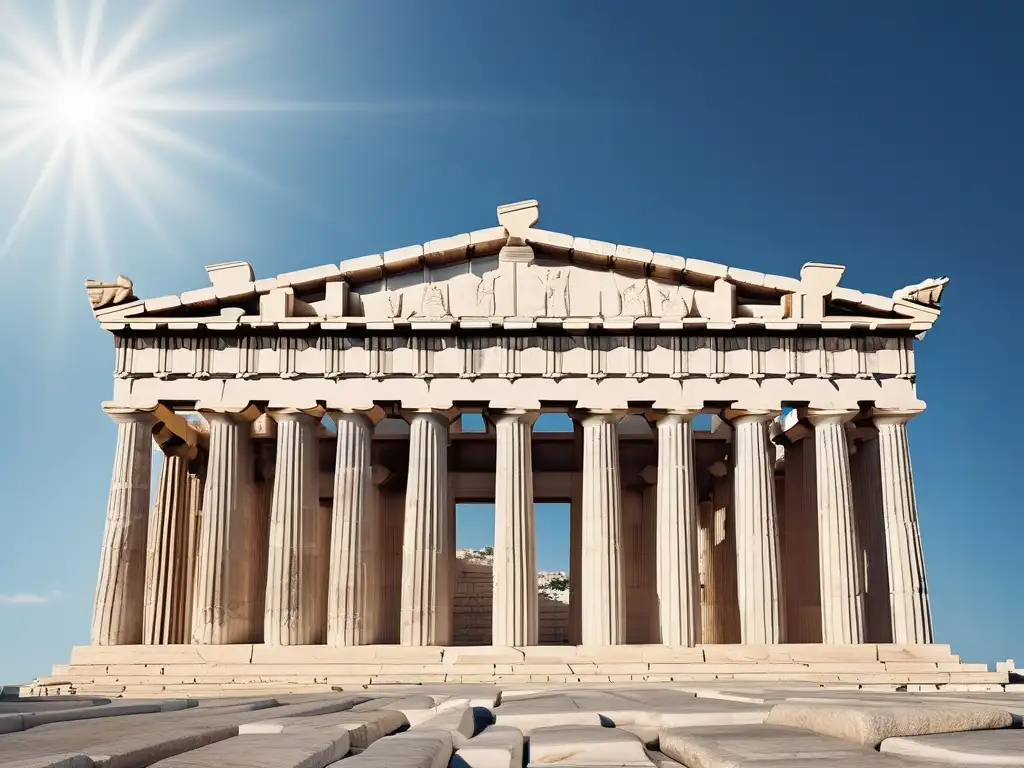 Historia y arquitectura del Partenón en Atenas: imagen del templo antiguo, simétrico y adornado con detalles tallados, bañado por la luz solar