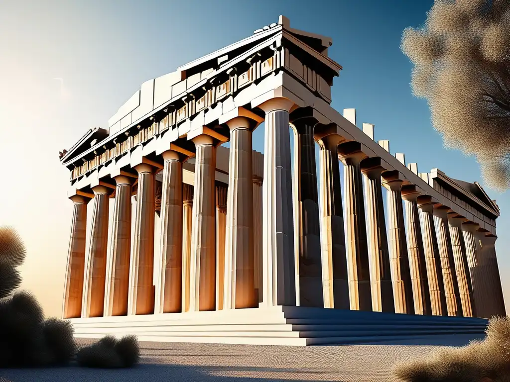 Parthenon griego: Templo ancestral con columnas y detalles arquitectónicos; diosas griegas que inspiraron arte y ciencia