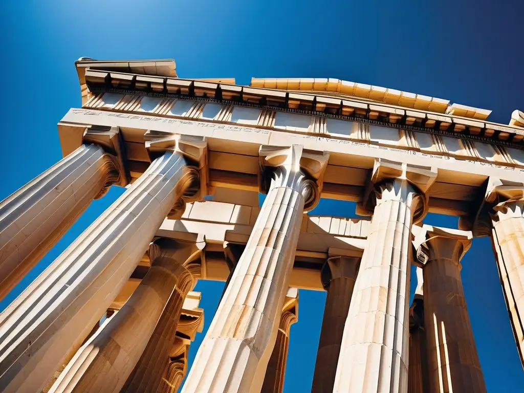 Templo griego Parthenon: majestuosas columnas, talladas con detalle, bajo el cálido sol, resaltan su belleza y grandiosidad