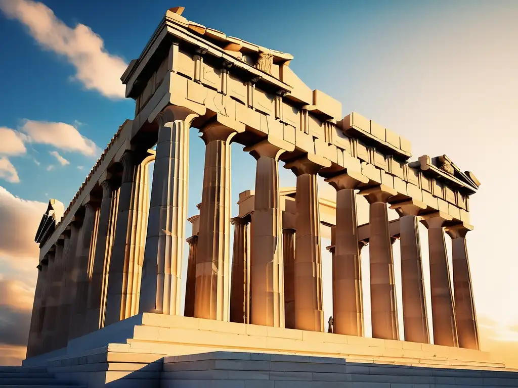 Parthenon en luz dorada, resalta su grandeza y detalles arquitectónicos