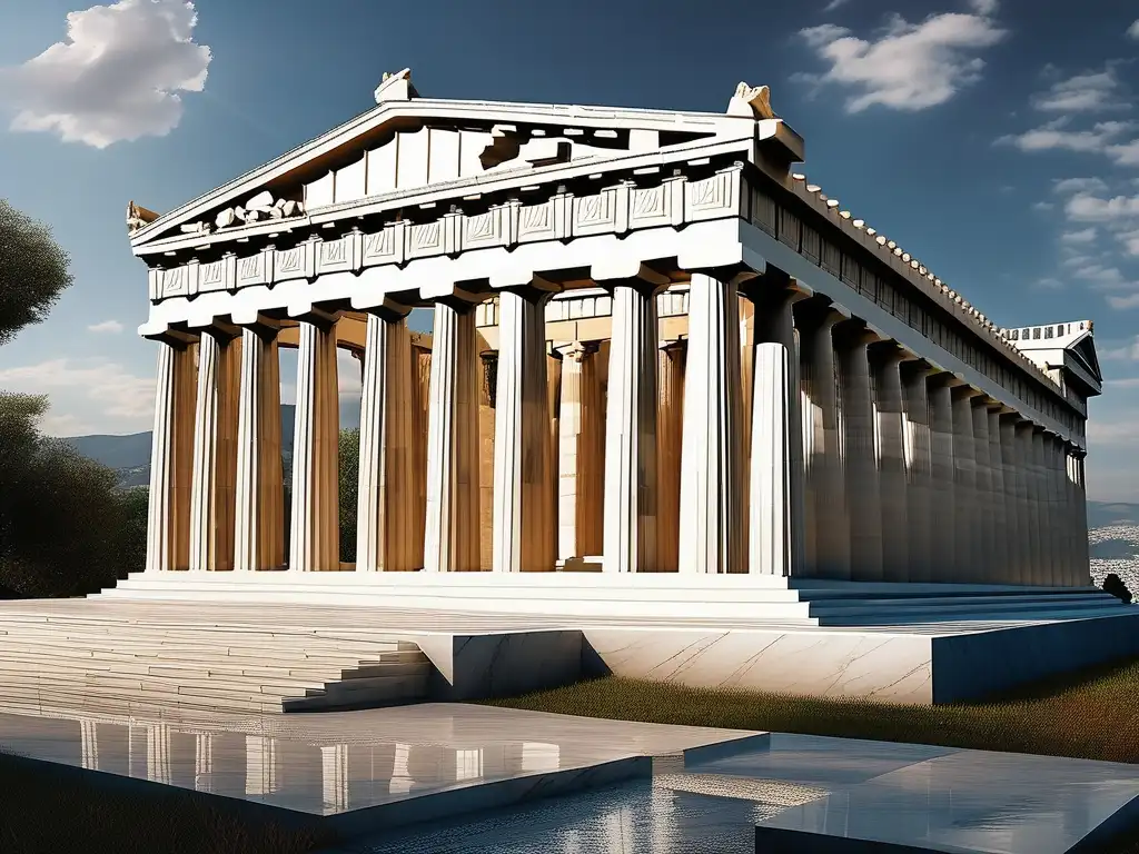 Influencia de Pericles en Grecia: Parthenon, majestuoso templo griego con detalles arquitectónicos y esculturas icónicas