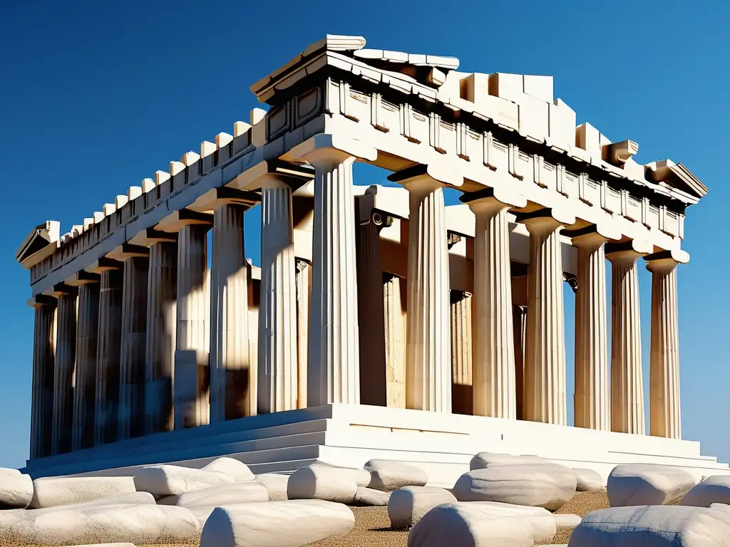 Imagen del Parthenon, templo icónico de la antigua Grecia, resaltando técnicas de construcción grecorromanas