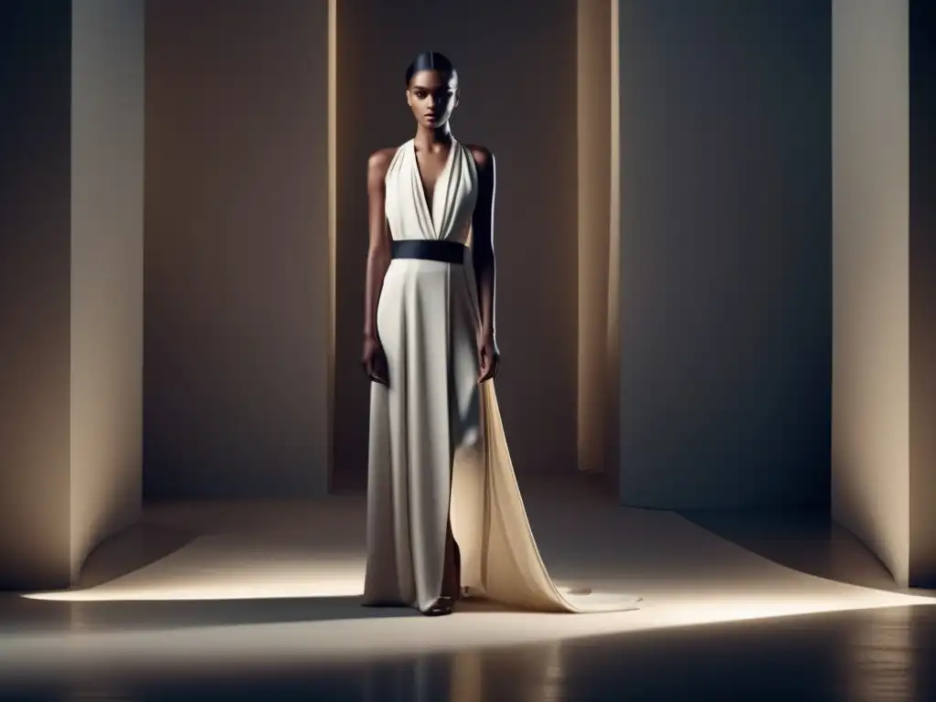 Vestimentas tradicionales de la Antigua Grecia en una pasarela de moda moderna con iluminación suave y fondo minimalista