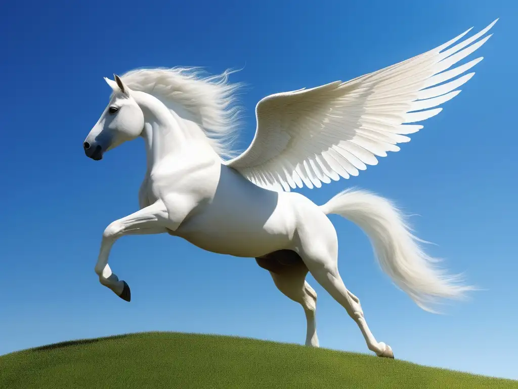 Pegasus blanco majestuoso en un paisaje verde con cielo azul: historia mitológica de los caballos griegos