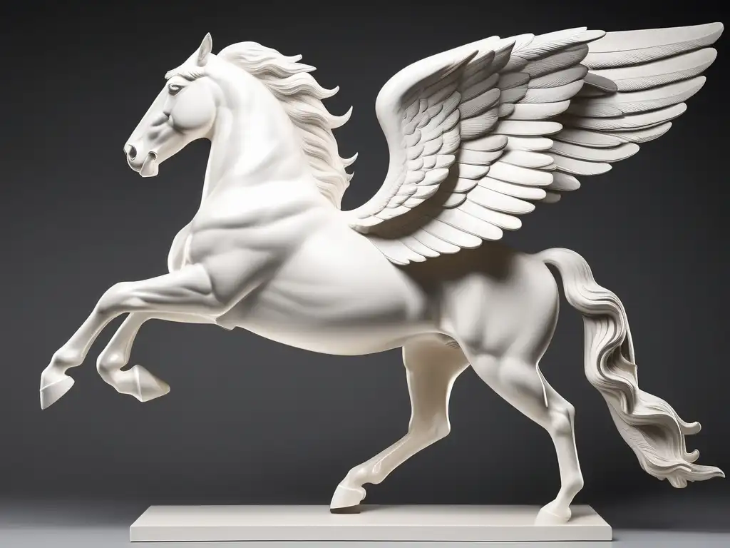 Escultura detallada del majestuoso Pegaso, famoso caballo alado de la mitología griega