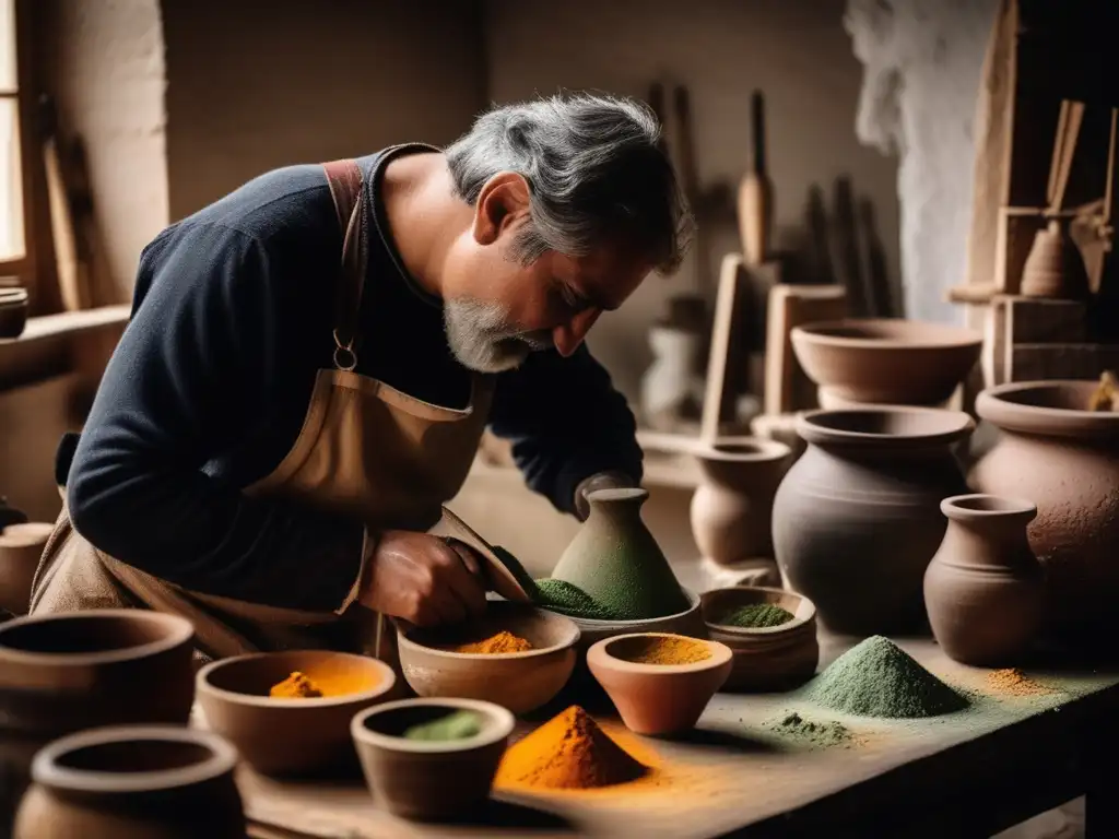 Técnica pintura griega antigua: artista detallado en estudio, moliendo pigmentos, con herramientas y materiales