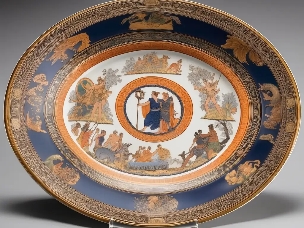 Cerámica griega: Detallada imagen de una placa con representaciones de dioses y héroes, incluyendo a Zeus, Hércules y Atenea