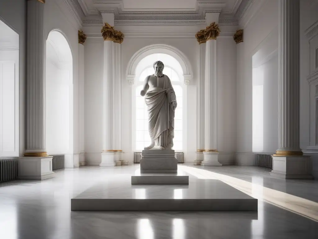 Estatua blanca de mármol de Platón en habitación minimalista, con influencias feministas