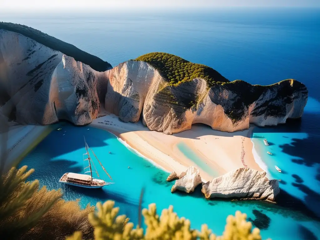 Influencia del mar en Grecia: Navagio Beach, aguas turquesas, barco naufragado, acantilados y playa de arena blanca