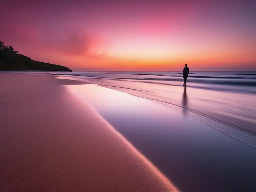 Playa serena al atardecer, reflejo de cielo en agua cristalina