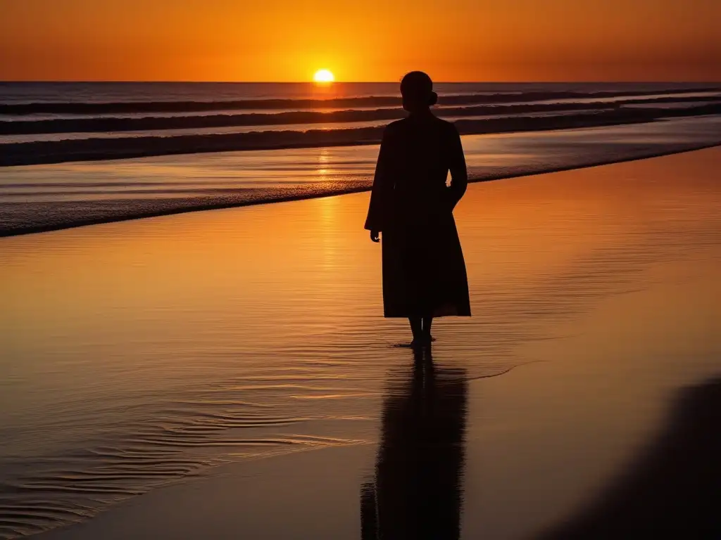 Playa al atardecer con figura contemplativa