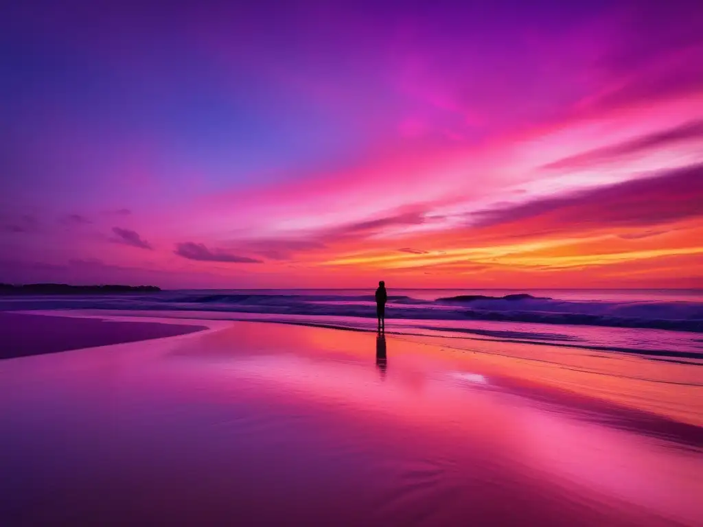 Playa al atardecer: Tranquilidad, figura solitaria, reflexión filosófica