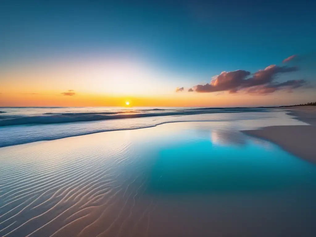 Playa serena al atardecer, sol dorado y aguas turquesas