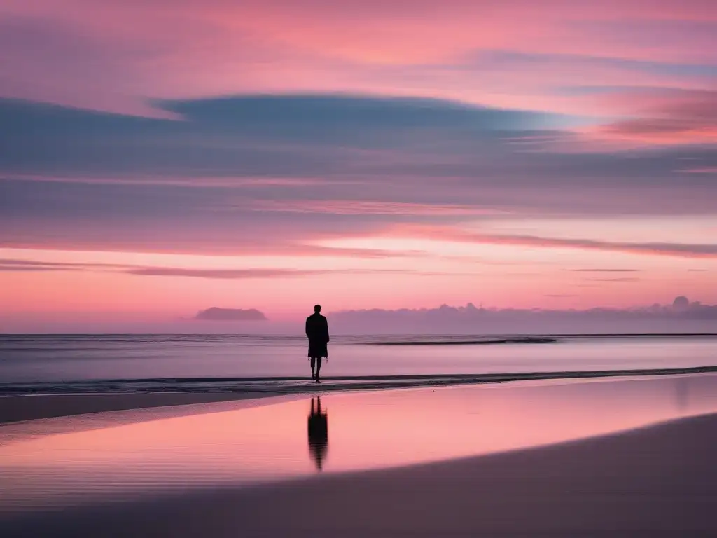 Playa serena al atardecer, reflejo de filósofos presocráticos y abstracción occidental