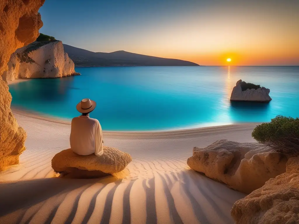 Playa solitaria en Islas Jónicas, poetas antigua Grecia, atardecer dorado, aguas turquesas