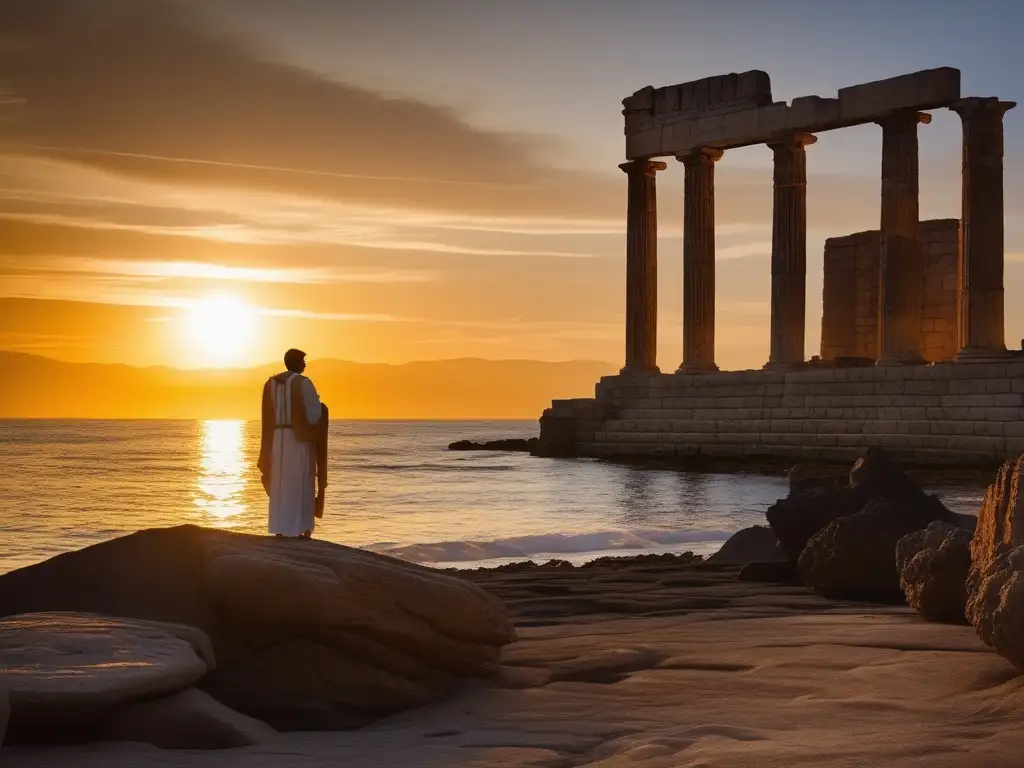 Epigramas griegos: figura solitaria en la costa, atardecer dorado, ruinas antiguas