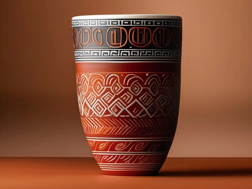 Bebida tradicional griega: El Posca en una elegante taza de terracota con patrones grabados, creando un contraste visual vibrante