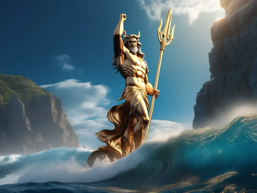 Poseidon, dios del mar, con su tridente dorado, en un escenario impresionante de la vasta oceánica