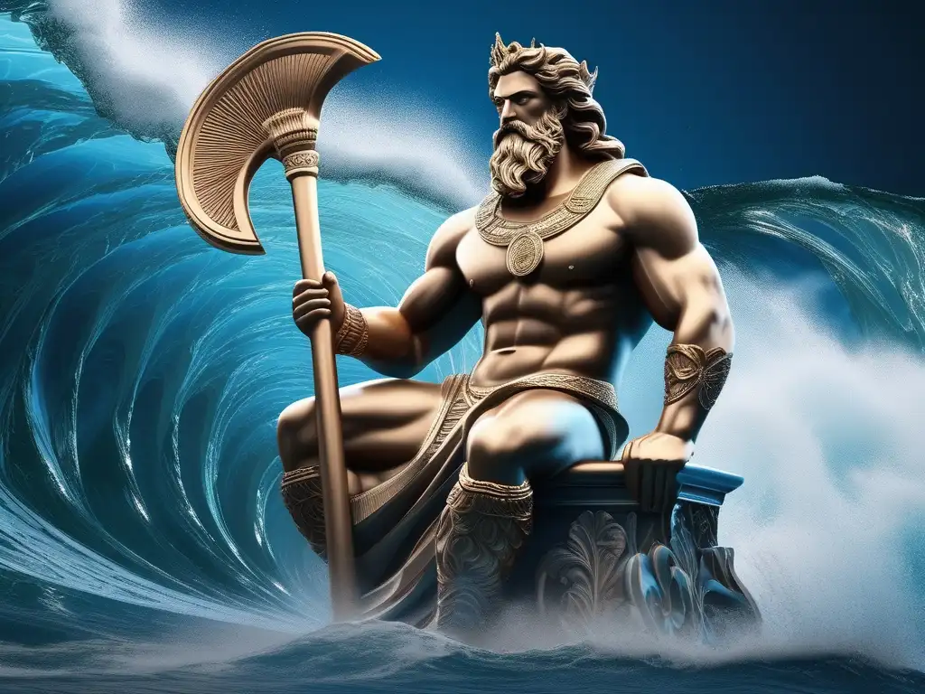 Poseidon, el dios griego de los mares, en su trono de concha rodeado de criaturas marinas mitología griega