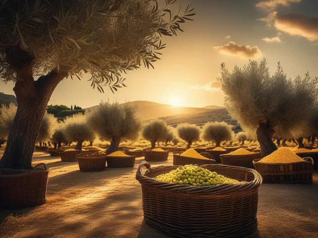 Economía marítima griega: productos valiosos - Olive grove, workers harvesting olives, stone mill, ancient Greece