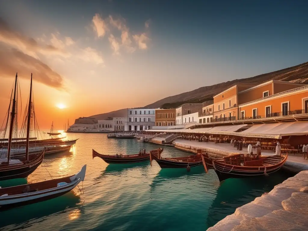 Comercio marítimo en la Antigua Grecia: Puerto griego antiguo con barcos, mercaderes, mercado y arquitectura elegante