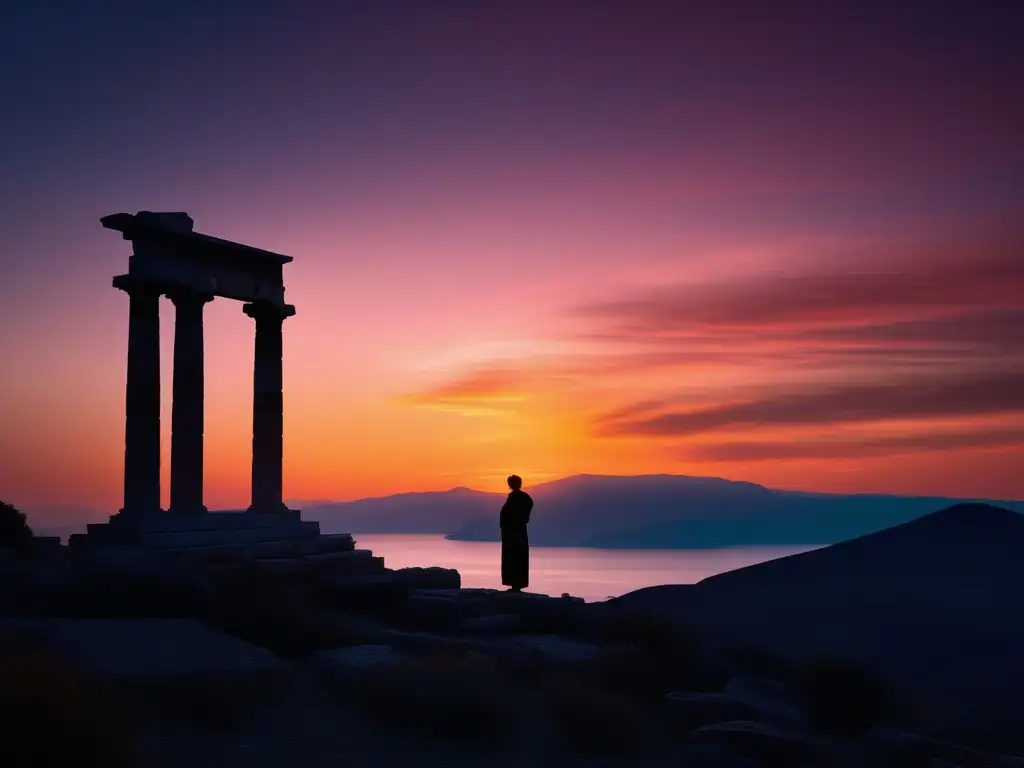 Figura solitaria en montaña al atardecer contemplando paisaje griego con ruinas antiguas