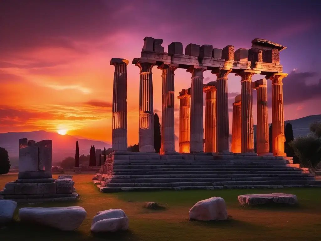 Filosofía Presocrática en Mileto: Ruinas del Templo de Apolo al atardecer, resaltando su grandiosidad y belleza arquitectónica