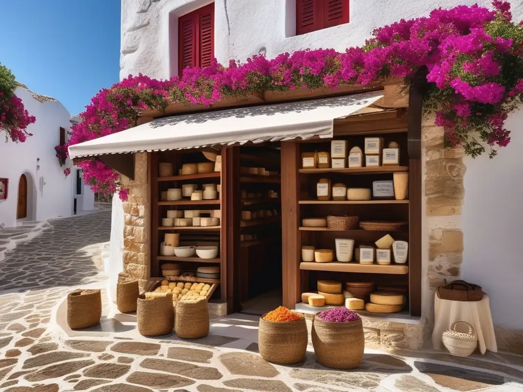 Tienda de queso artesanal en Grecia antigua: una imagen ultradetallada y fotorealista que muestra una tienda de quesos griega en una plaza soleada