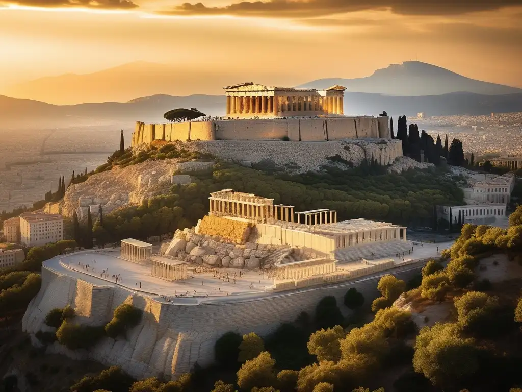 Reconstrucción de Atenas tras Guerras Médicas: Acropolis en restauración, obreros, artesanos y bloques de mármol