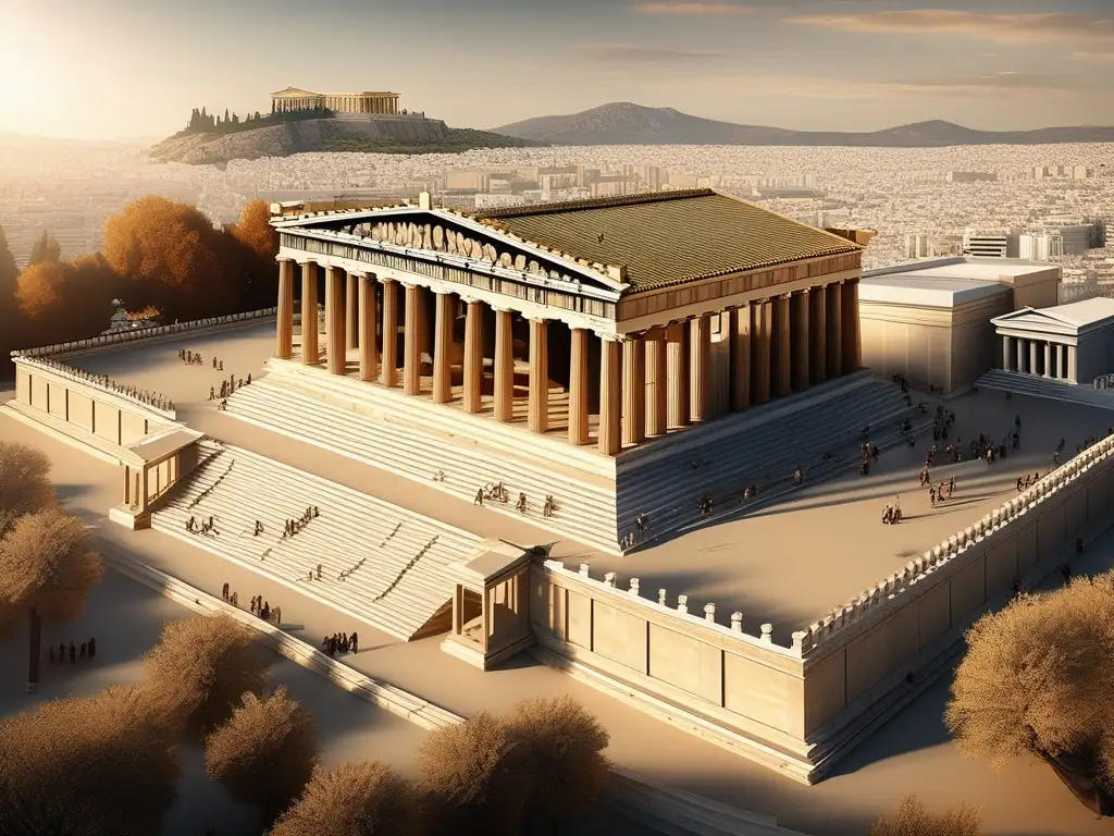 Reconstrucción de Atenas tras Guerras Médicas: Parthenon en restauración, destaca su arquitectura y paisaje verde