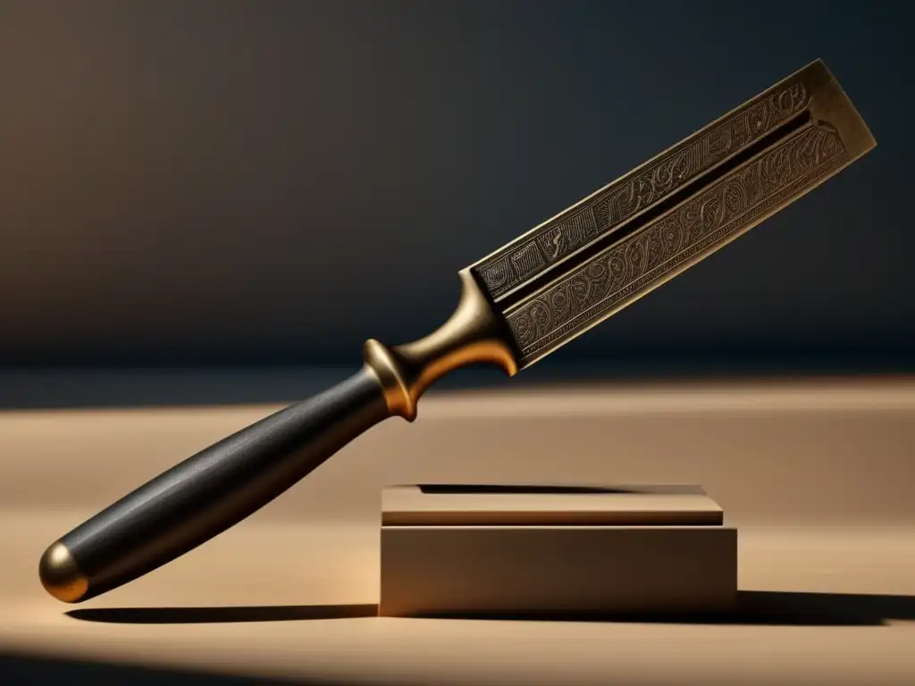 Detalle de una antigua herramienta de construcción de la Grecia antigua con fino grabado y conservación