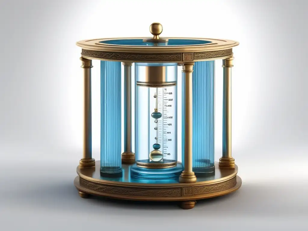 Clepsidra en la Antigua Grecia: Reloj de agua griego con detalles ultradetallados y elegantes reflejos y sombras