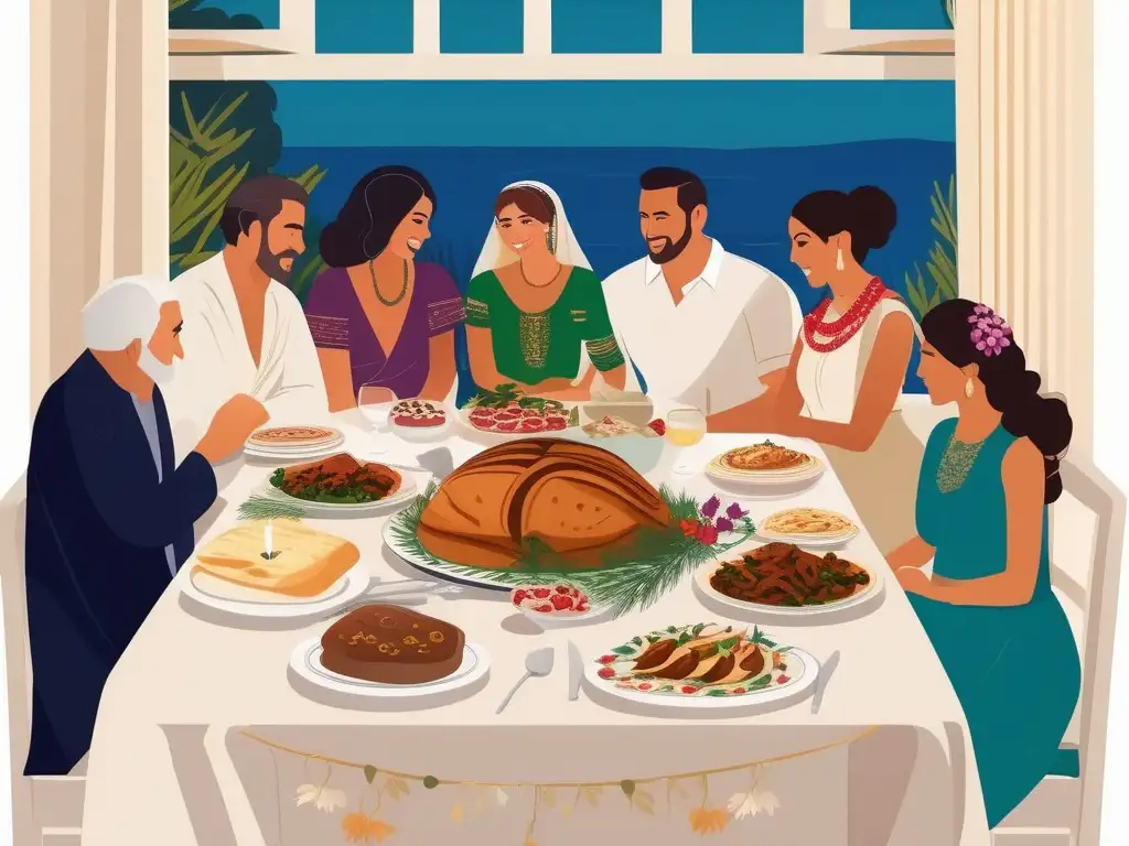 Fotorealismo de una familia griega celebrando tradiciones festivas antiguas en una mesa adornada con comida tradicional y ambiente cálido