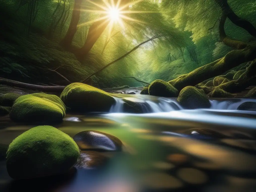 Imagen de un río sereno en un frondoso bosque, reflejando la vegetación verde y la luz solar