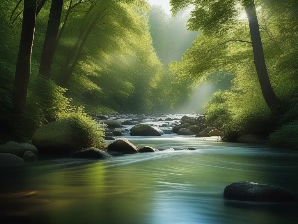 Paisaje fluvial sereno con agua cristalina y naturaleza vibrante - Filosofía Presocrática: Teoría del cambio en Heráclito