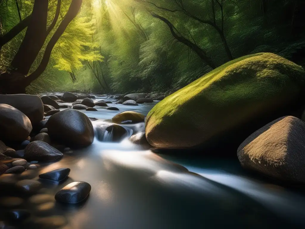 Sereno río fluyendo en bosque exuberante, agua cristalina revela piedras y guijarros coloridos