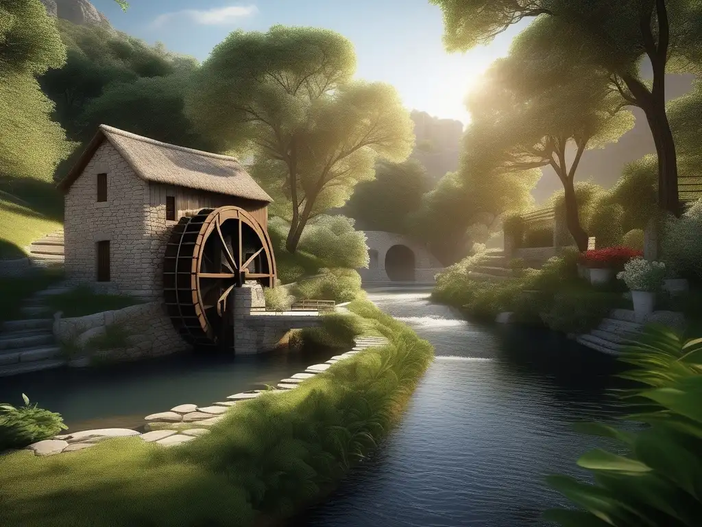 Un río sereno rodeado de vegetación exuberante y un antiguo molino griego Molino de agua en Grecia: hidráulica y molienda