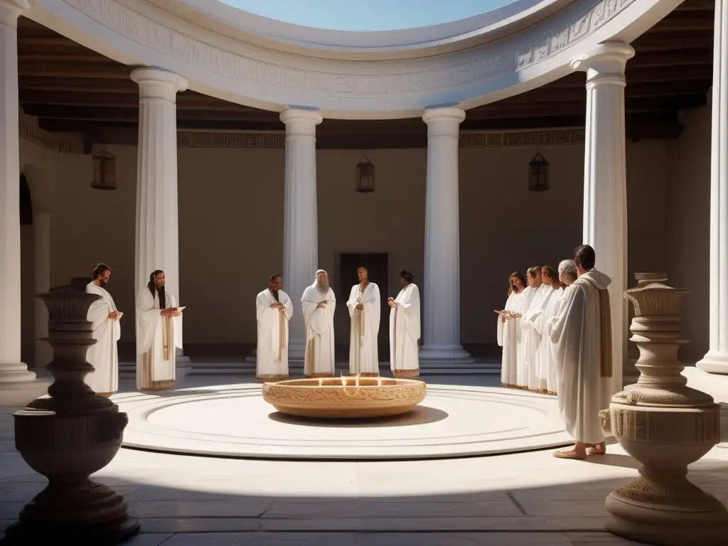 Rituales antiguos festivales religiosos Griegos en un sereno patio soleado, con columnas de mármol y personas purificándose con agua