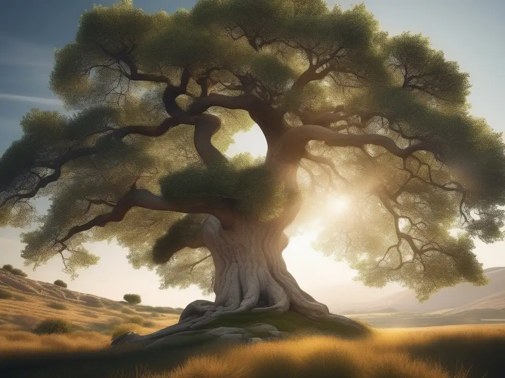 Culto al roble sagrado en la Antigua Grecia: majestuoso árbol ancestral rodeado de ruinas griegas