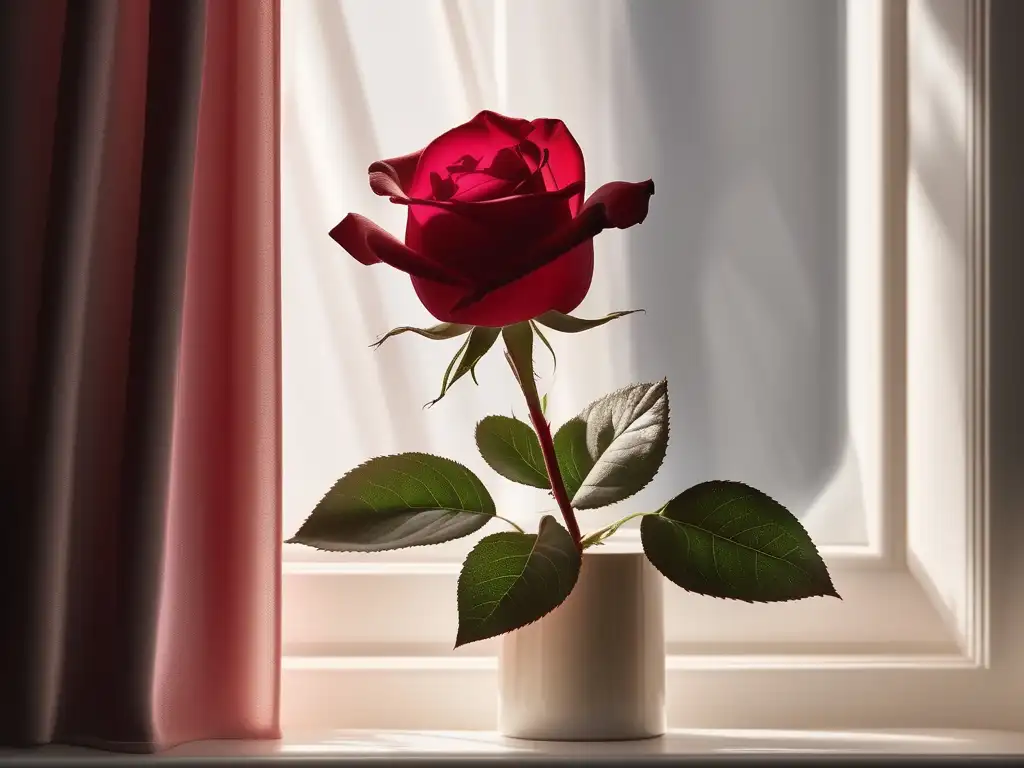 Rosa roja en plena floración, iluminada suavemente por un rayo de sol en una ventana abierta