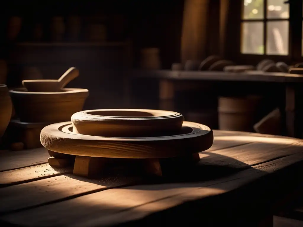 Proceso cerámica en Grecia Antigua: Alfarero experto moldea delicadamente una vasija en taller iluminado, resaltando la artesanía ancestral