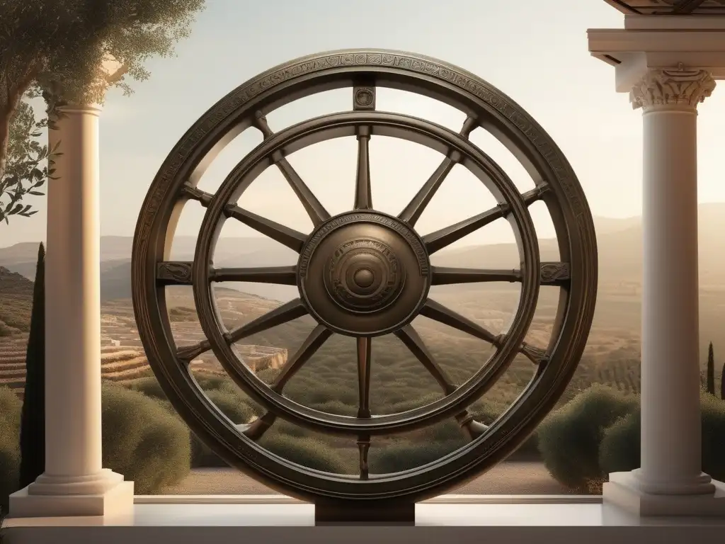 Rueda de bronce antigua con filósofos y paisaje Impacto revolucionario de la rueda en la Antigua Grecia con detalles y legado en una imagen minimalista