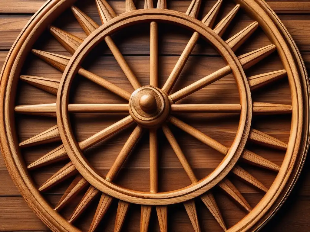 Rueda de madera tallada, Grecia antigua Impacto revolucionario de la rueda en la Antigua Grecia: Detallada imagen de una rueda de madera griega, con gran precisión y belleza
