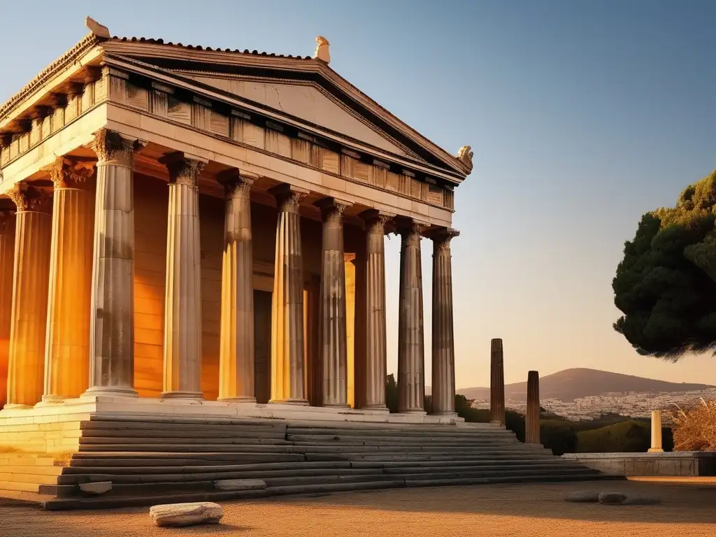 Filosofía idealista en la Academia de Atenas: ruinas ancestrales bañadas en la cálida luz del atardecer, legado perdurable de la antigua Grecia