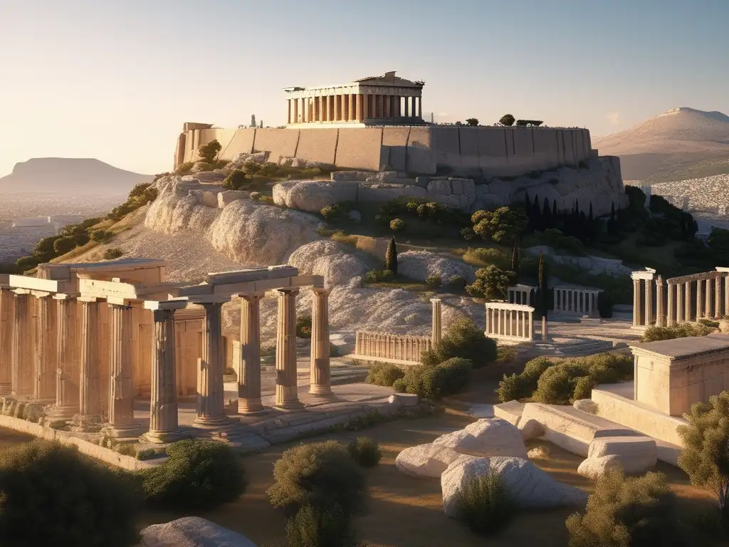 Ruinas de la antigua ciudad de Atenas, con el majestuoso Parthenon y el paisaje de Attica y el Peloponeso en el siglo V a