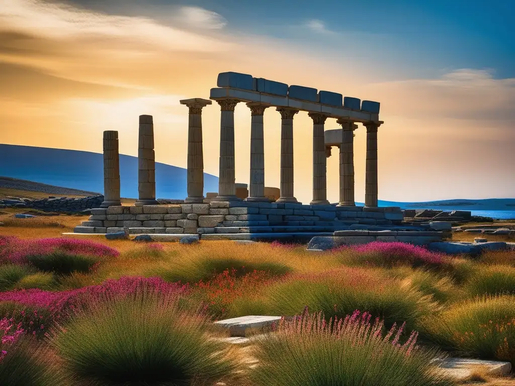 Historia virtual de las ruinas de Delos: imagen impresionante de un templo antiguo, con columnas de piedra y cielo azul