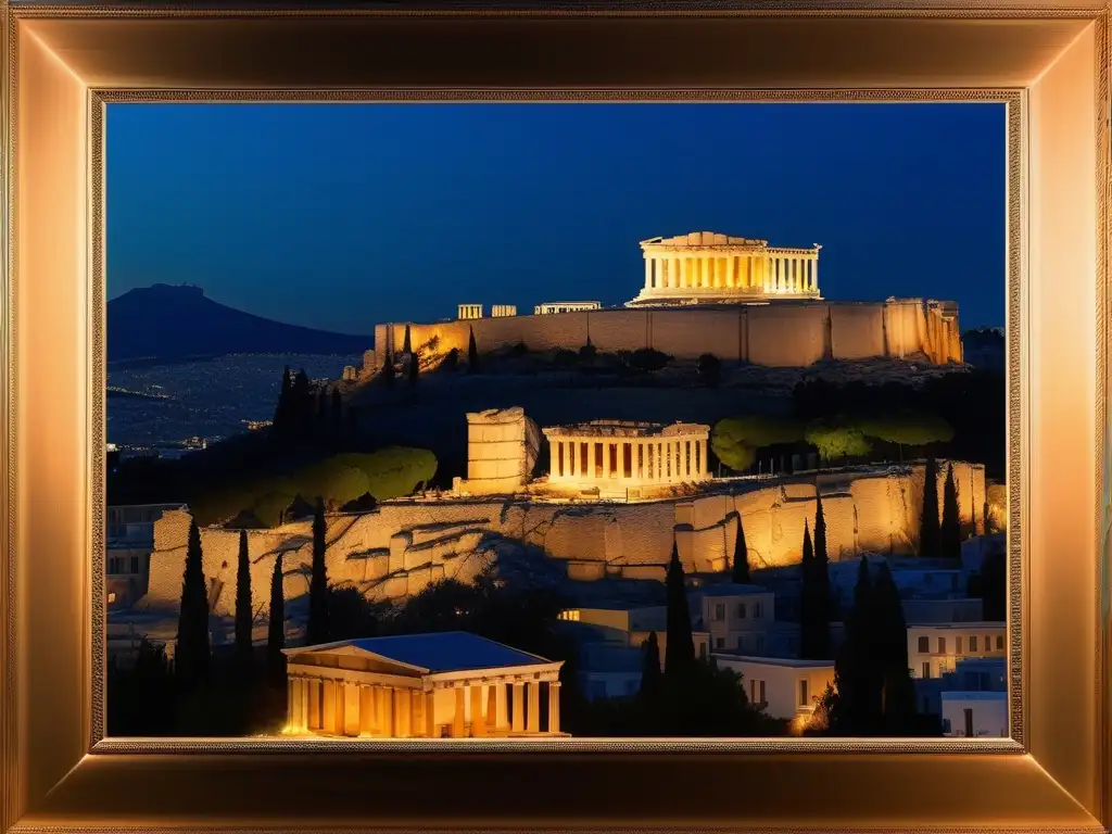 Impacto de la Guerra del Peloponeso en Atenas: Ruinas antiguas de la ciudad, Acropolis en la distancia, arquitectura griega en primer plano