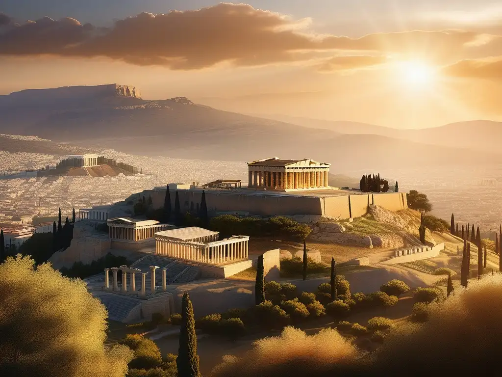 Influencia de la guerra en Grecia: ruinas de la antigua ciudad de Atenas con el majestuoso Parthenon en primer plano