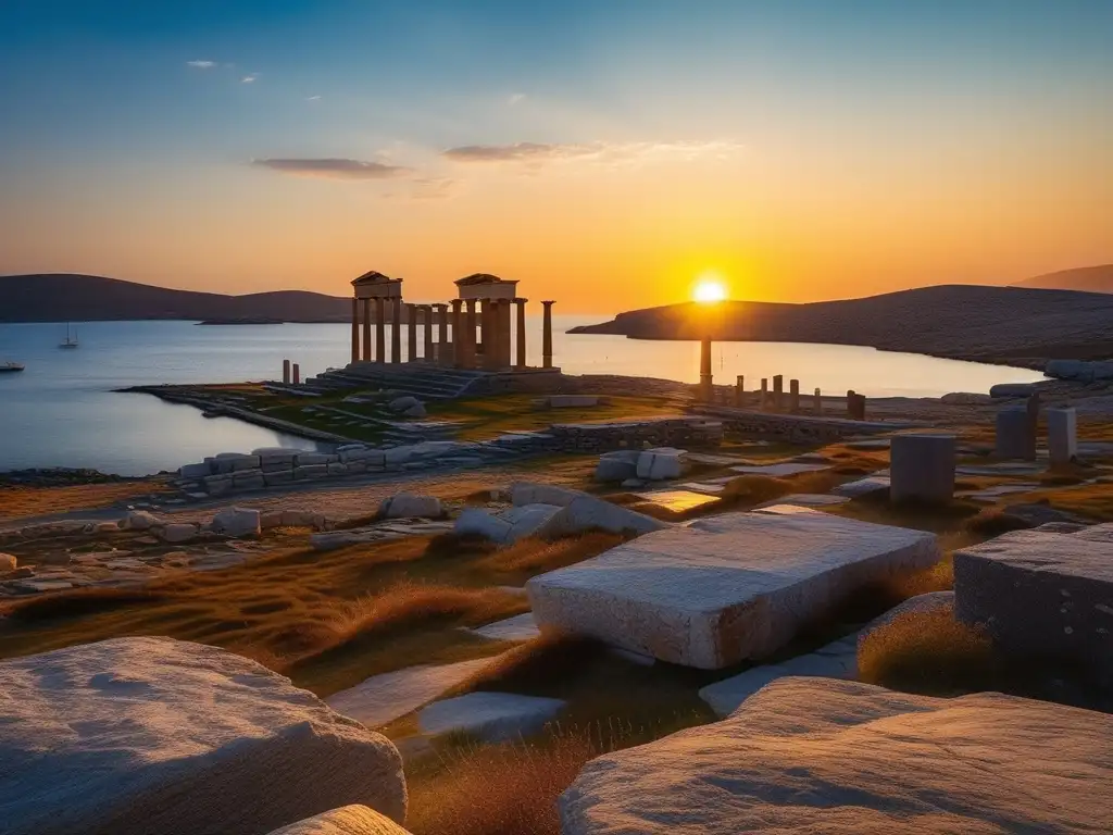 Secretos arqueológicos de Delos revelados: ruinas de templos griegos y el mar Egeo al atardecer