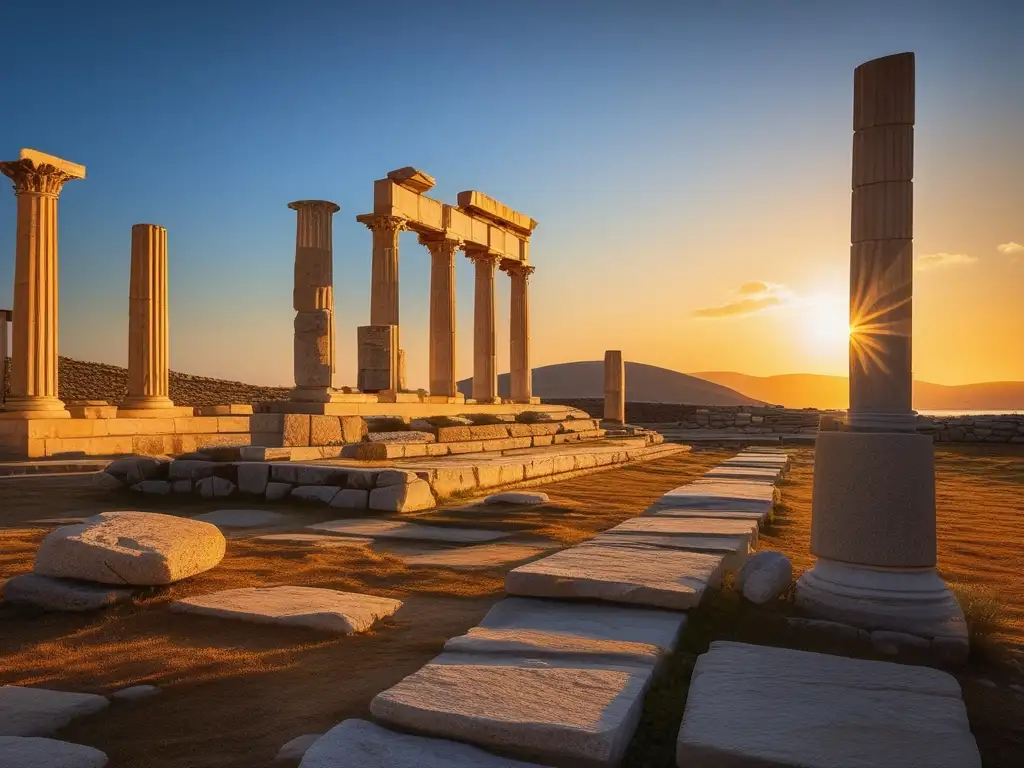 Ruinas antiguas de Delos al atardecer: Vida cotidiana en Delos durante la Antigua Grecia